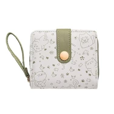 Imagem de Carteira de couro com tema de gato para mulheres, minimalista, pequena e fofa, porta-moedas com janela para identidade, marrom, porta-cartões de crédito Kawaii, para meninas, senhoras, viagens, Verde