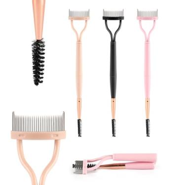Imagem de 3 pentes de cílios de cabeça dupla, ferramenta separadora de cílios dobrável com escova ajustável, pentes para cílios com capa para remover o excesso de rímel (3 cores)