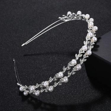 Imagem de Faixa de cabeça de strass de camada dupla - joia de noiva de prata, diadema de casamento, coroa, tiara de casamento de pérola