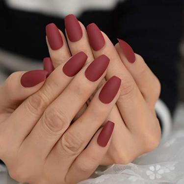 Imagem de Kit de acrílico para decoração de unhas, vermelho escuro fosco, pontas de unhas falsas de caixão médio, inclui 1 conjunto de unhas, 1 mini lima, 1 adesivo de unha, 1 bastão de madeira