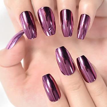 Imagem de Pregos de pressão roxos espelhados metálicos de comprimento médio caixão unhas postiças acrílicas dicas de arte de unhas falsas kits de manicure