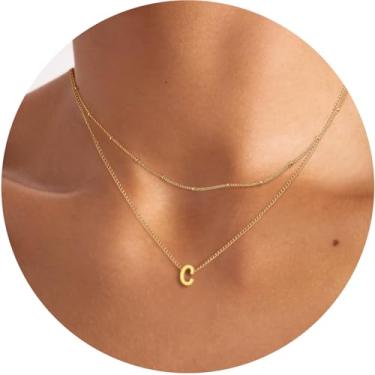 Imagem de Colar feminino com inicial em camadas, pingente de letra A-Z, gargantilha de corrente dupla, joias delicadas em camadas, estilo minimalista, 14+2in/16+2in, Aço inoxidável, Sem Pedra Preciosa