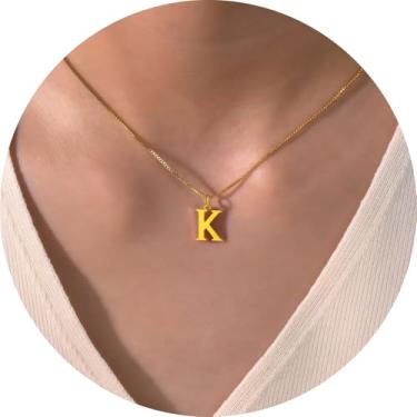 Imagem de Colar com inicial para mulheres, pingente de letra de aço inoxidável banhado a ouro 18K, bloco de A a Z, joia personalizada do alfabeto, 18+2in, Aço inoxidável, Sem Pedra Preciosa