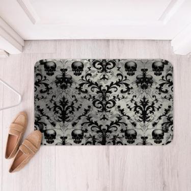 Imagem de Erosebridal Tapete de banheiro floral vintage caveira 50,8 cm x 81,3 cm gótico vitoriano barroco tapete de banho tema terror esqueleto capacho preto damasco floral exótico