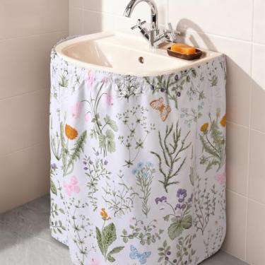 Imagem de Hahafelt Saia de pia de tecido para pias de pedestal 140 x 81 cm, capa de banho, saia de mesa, autoadesiva, impermeável, tecido embaixo da pia para drapear, sob a mesa, privacidade, drapeado