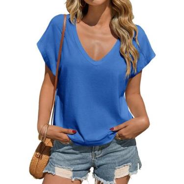 Imagem de Camiseta feminina Tankaneo com decote em V profundo, verão, solta, azu