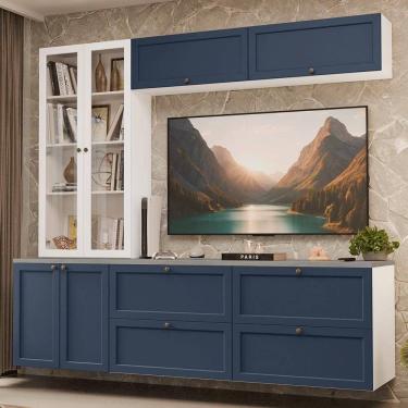 Imagem de Estante Sala De Estar Com Rack + Cristaleira 230cm Vik Madesa 01 Branco-azul