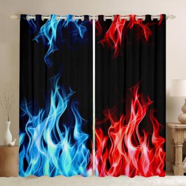 Imagem de Cortina de janela de chama azul vermelha, cortina de tratamento de janela de fogo 3D, cortinas de quarto de colisão de gelo e fogo para crianças, meninos, adolescentes, modernas, pretas para decoração