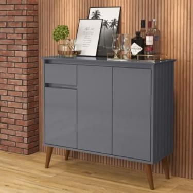 Imagem de Aparador Buffet Retrô Cinza Pés de Madeira com 3 Portas e Gaveta Veneza