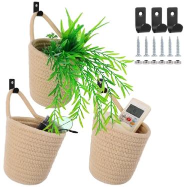 Imagem de Cestas de pendurar em corda de algodão – Conjunto de 3, organizadores decorativos de parede com ganchos para casa, design de tecido rústico