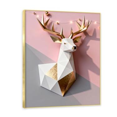 Imagem de Moldura dourada. Arte moderna de presente de Natal, arte geométrica de árvore rosa empoeirada e dourada, tela emoldurada pronta para pendurar para uma casa de férias elegante. A39. 30x40cm-11,8x15,7