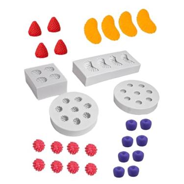 Imagem de Liiaiyter Moldes de silicone em forma de fruta, molde de fondant de morango laranja framboesa mirtilo 3D, molde de frutas para decoração de bolos de geleia de doces, sabão resina, ferramenta de