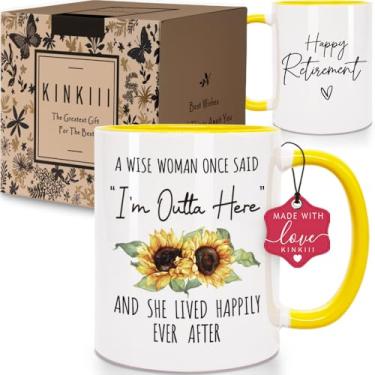 Imagem de Caneca de café engraçada de aposentadoria presentes para mulheres "A Wise Woman Once Said I'm Outta Here", presente feliz de aposentadoria para colega de trabalho, avó, mãe, enfermeira, professora