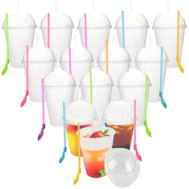 Imagem de Conjunto de 15 copos de plástico branco transparente com tampas e canudos, colher de canudos, copos de café gelado de plástico reutilizáveis, copo de smoothie para bebidas frias, frutas com tampas