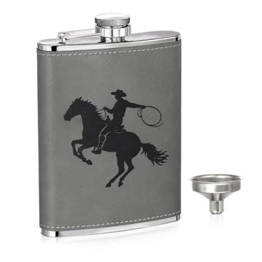 Imagem de Cantil de aço inoxidável com envoltório de couro PU – Frasco de uísque para homens com funil de aço inoxidável, frasco de bolso à prova de vazamento para acampamento, caminhada, ao ar livre, presente