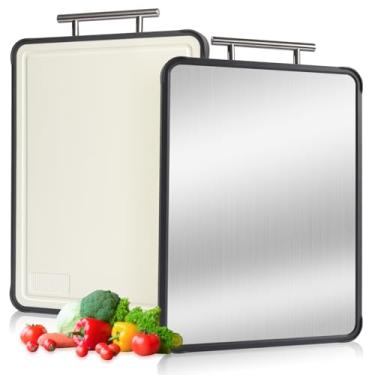 Imagem de Tábuas de corte de titânio para cozinha, tábua de corte de metal PTYTIFY não tóxica, tábua de corte dupla face com titânio puro e palha de trigo PP para carne, legumes e frutas, pode ser lavada na