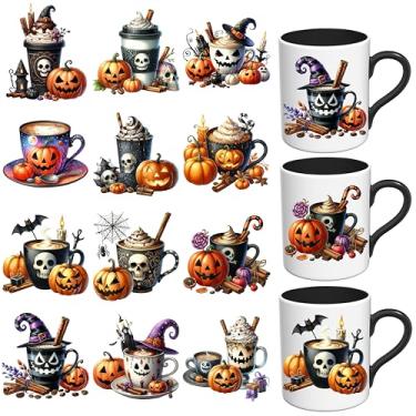 Imagem de Elewins Adesivos UV DTF de Halloween - 12 folhas de café UV DTF para canecas de café de vidro, decalques UV DTF DIY para copos, esfregar à prova d'água em transferências para artesanato