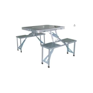 Imagem de Mesa Dobrável de Alumínio com Banquetas Integradas, MDF Aluminizado, 100x69x72cm Aberta, Portátil para Camping, Praia, Piquenique, Capacidade 30kg Mesa e 85kg por Banqueta