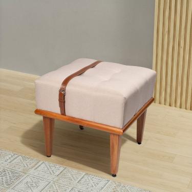 Imagem de Puff Quadrado de Madeira Eucalipto Estofado e Cinto de Couro Yarin Bege Claro
