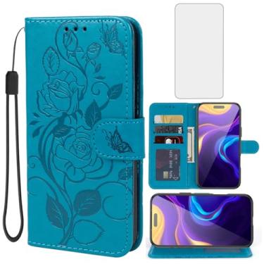 Imagem de Vavies Capa para iPhone 17 Pro Max/Capa carteira para Apple 17 Pro Max com protetor de tela de vidro temperado, flor de couro flip porta-cartão de crédito suporte para iPhone 17 Pro Max azul