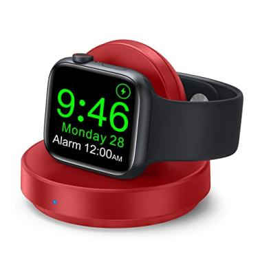 Imagem de ZAPOGO Base de carregamento magnética portátil para Apple Watch, suporte de carregador rápido sem fio com cabo de carregamento, modo suporte para o modo de mesa de cabeceira, compatível com Apple Watch Series 7 SE 6 5 4 3 2-RED