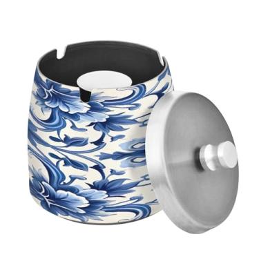 Imagem de Blueangle Cinzeiro azul vintage com tampa para cigarros, à prova de vento/à prova de chuva, aço inoxidável, sem fumaça, inodoro, cinzeiro para uso interno ou externo (564)