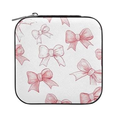 Imagem de SEHANY Caixa de joias personalizada com laço rosa para mulheres, meninas, mini estojo de joias de couro PU, organizador de joias de viagem, caixa de joias para brincos, anéis, colares, presentes para