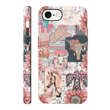 Imagem de Vulfwela Capa para iPhone 16e de 6,1 polegadas retrô cowboy cowgirl, capa de telefone 2 em 1 Wild West Country Cowgirl, chapéu protetor retrô à prova de choque, cavalos, cactos, colagem, rancho, boho