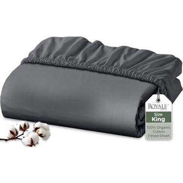 Imagem de Royale Linens Lençol com elástico 100% algodão orgânico – tecido percal – lençol de baixo com bolso profundo super macio – lençol King size cinza – somente lençol com elástico - (198 x 203 cm + 38 cm