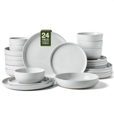 Imagem de Famiware Conjunto de louça Milkyway com tigelas de massa, pratos e tigelas duplas, conjuntos de pratos para 6 (24 peças), seguro para micro-ondas e lava-louças, resistente a lascas e arranhões, cinza