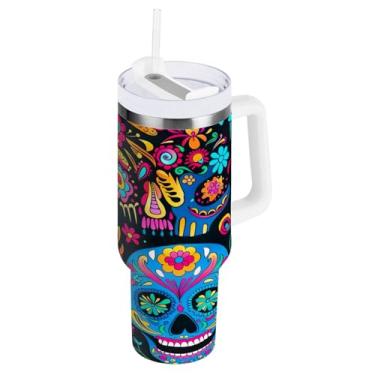 Imagem de STAYTOP Lindo copo de caveira de açúcar de 1,134 g com tampa e canudo, copo isolado de aço inoxidável durável à prova de vazamento com alça, garrafas de água à prova de derramamento para viagens