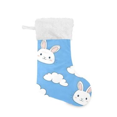 Imagem de Wassud Meia de Natal fofa com punho branco desenho animado coelho padrão 45,7 cm grande Natal meia para decoração de lareira cornija 1 pacote