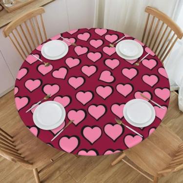 Imagem de BOXIMIAO Toalha de mesa redonda com estampa de coração rosa com borda elástica, impermeável, reutilizável, toalha de mesa para férias, cozinha, festa, pátio, P (101,6 a 112 cm)