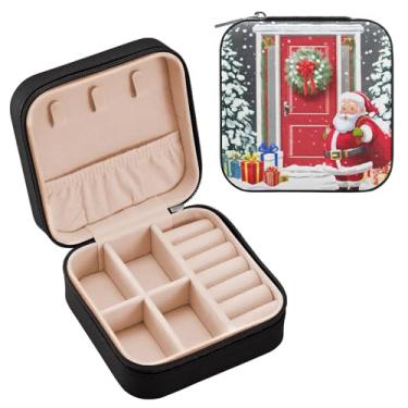 Imagem de Wassud Estojo de joias de viagem de Papai Noel para mulheres, meninas, senhoras, noiva, mini organizador de joias de couro PU, caixa quadrada de armazenamento de joias para brincos, anéis, colar
