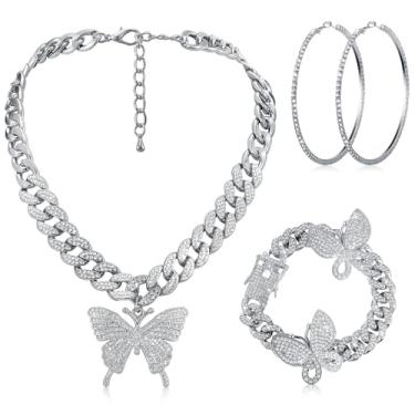 Imagem de Conjunto de 3 peças de joias cubanas de borboleta cubana colar de corrente de elos cubanos para mulheres colar com pingente de borboleta de strass pulseira grande brincos de argola brilhantes