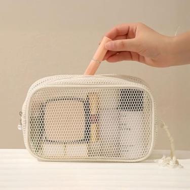 Imagem de Bolsa de cosméticos portátil de malha de dopamina grande capacidade feminina viagem em casa bolsa de armazenamento de cosméticos lavagem com zíper, 21 x 12 x 6 cm (bege)