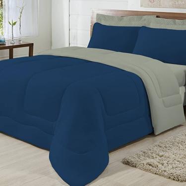 Imagem de Edredom Dupla Face 100% Algodão Malha Casal Gran Moratta 01 Peça - Marinho/ Cinza