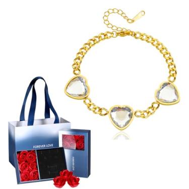 Imagem de FLORA Pulseira feminina dourada com pingente em forma de coração cravejado de zircônias pulseira em aço titânio moderna e versátil conjunto de presente