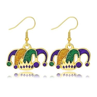 Imagem de Brincos femininos de carnaval com glitter, máscara esmaltada, chapéu de palhaço, brincos roxos pendurados delicados e fofos brincos de carnaval, joias de carnaval para mulheres, Medium, Metal, Sem
