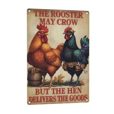 Imagem de URVIP Placa de alumínio The Rooster May Crow BUT The Hen Delivers The Goods Placa engraçada de fazenda de galinha vintage decoração de galinha e galo placa de cozinha ou galinheiro 20 x 30 cm estilo