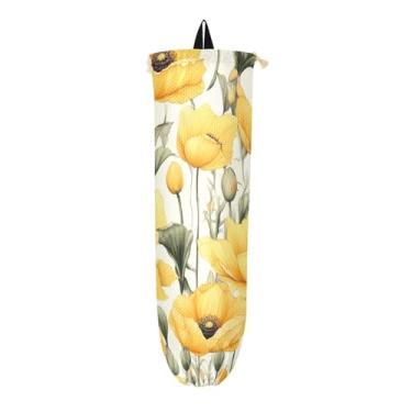 Imagem de Pacote com 2 suportes de saco de plástico com flores de papoula amarelas, organizador de sacolas plásticas de supermercado, organizador de sacolas de cozinha