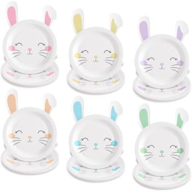 Imagem de Havawish Pacote com 24 pratos de papel para decoração de aniversário de coelhinho macarons para decoração de festa de chá de bebê de coelho da Páscoa, 17,8 cm, pratos descartáveis com orelhas caídas