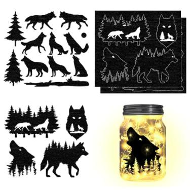 Imagem de 4 peças de papel silhueta, estampa de lobo e árvore com tema floresta, decalques de recortes de PVC à prova d'água, decoração de iluminação autoadesiva para telefones celulares, scrapbooks, paredes