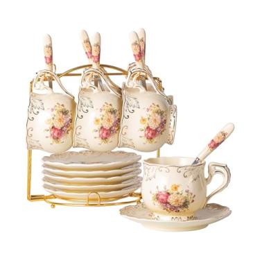 Imagem de YOLIFE Conjunto de 6 xícaras de chá e pires de arbustos floridos, conjunto de 6 xícaras de chá florais de cerâmica marfim com suporte dourado, xícaras de café, 227 g