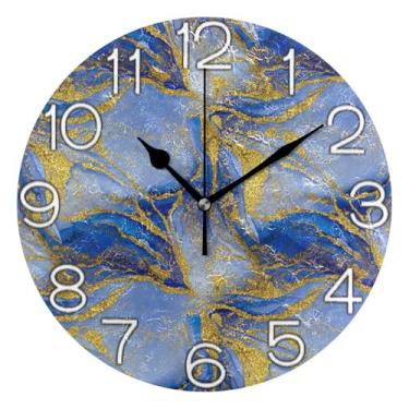Imagem de Relógio de parede decorativo analógico para quarto e cozinha, movido a bateria, decoração de parede moderna para sala de estar, chique azul gradiente, dourado, 25 cm, ponteiros pretos