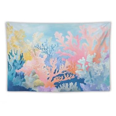 Imagem de Tapeçaria de parede subaquática de recife de coral colorida decoração marinha do oceano arte vibrante do mar para sala de estar quarto pátio peculiar náutico pendurado acento cena animada 152 x 239