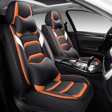 Imagem de HGVKDO Capas de assento de carro de couro, conjunto completo de capas de assento de cobertura total, capas de assento automotivas universais para carros, SUVs, caminhões e sedãs (preto e laranja