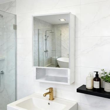 Imagem de HESONTH Armário espelhado sem moldura de 40,6 x 66 cm com gaveta - Prateleiras de vidro temperado de 3 camadas, armazenamento à prova d'água para banheiro/quarto/cozinha, armário de remédios embutido