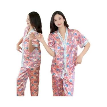 Imagem de Conjunto De Pijama Feminino De Verão Em Seda Gelada, Manga Curta, Caim