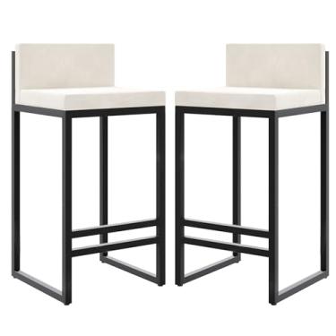 Imagem de Banquetas de veludo com altura para balcão com apoio para os pés nas costas para cozinha, banquetas modernas de metal, cadeiras de bar estofadas, bancos de ilha - branco, 2 peças, 65 cm de altura